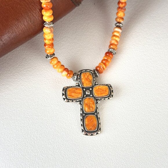 Western Necklace, Sterling Cross Necklace, Spiny Oyster Necklace - Picture 4 of 9